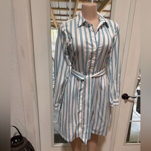Draper James Blue/White Striped Long or 3/4 Sleeve Button Up Dress size 6 EUC